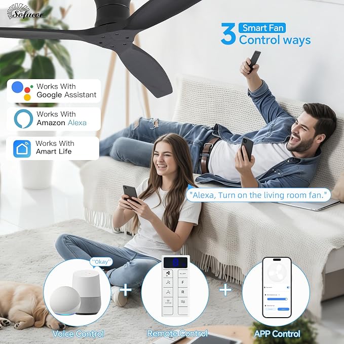 Sofucor 52" Smart Ceiling Fan No Light, Solid Wood Low Profile Ceiling Fan with Remote, Flush Mount Ceiling Fan Works with Alexa/Google/App 6-Speed Timing Reversible DC Motor for Living Room Bedroom