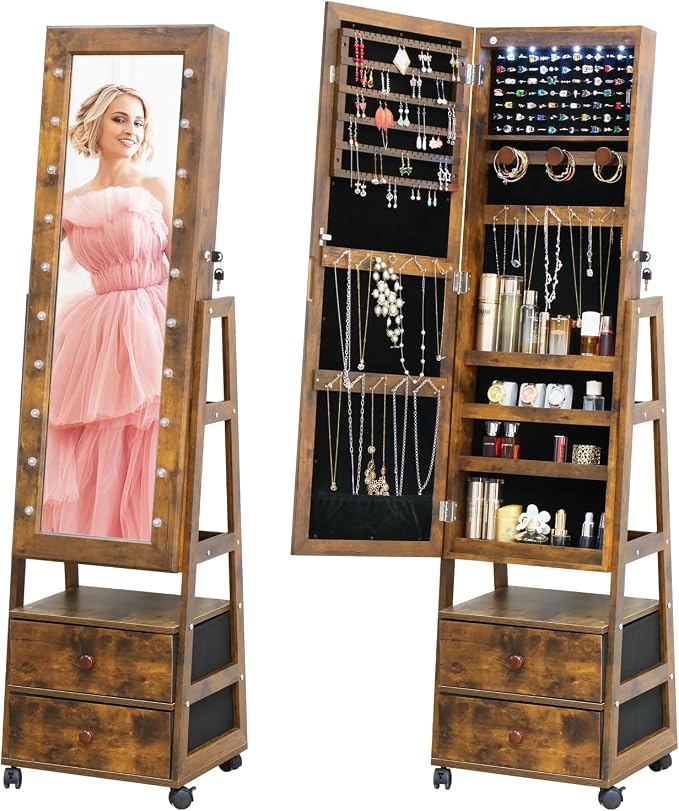Jewelry Armoire Cabinet Organizer Standing with 20 LED Lights Lockable Full Length Mirror with Storage Shelves and 2 Drawers (Rustic Brown) Adjustable Tilt Angles Gift for Her