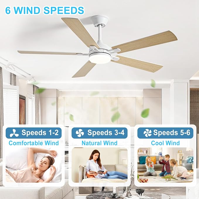 Depuley 52-inch Ceiling Fan with Light: White Ceiling Fan for Living Room Indoor - Modern Ceiling Fan with Remote Control 3CCT Dimmable Noiseless 5 Reversible Wood Blades 6 Speeds