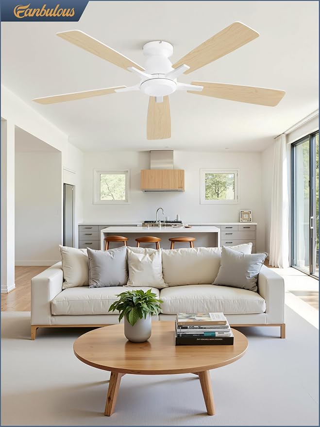 Fanbulous 52 Inch Flush Mount Ceiling Fan No Light with Remote, White | Modern Low Profile Without Light, 6-Speed, Quiet Reversible DC Motor, Indoor/Outdoor Use, for Bedroom, Living Room, Patio