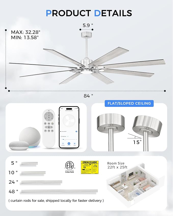 84 Inch Brushed Nickel Ceiling Fan, Smart Alexa Compatible Large Indoor Outdoor Fan for High Ceilings, Covered Patio & Garage, Dual Finish 8 Plywood Blades, ZCCF05BN-84
