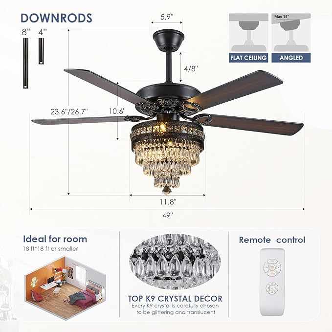 50"Black Crystal Chandelier Ceiling Fans with Lights and Remote Control | Classical Design,6 Reversible Speeds,30W Quiet DC Motor,5 Wooden Blades,2*E12 LED Bulbs Included,for Living Room Bedroom