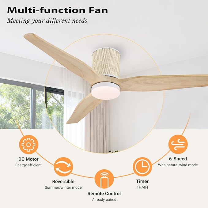 LEDLUX 52" Ceiling Fan with Light - Low Profile Flush Mount Ceiling Fan, 6-Speed Remote Control, Solid Wood, Quiet Reversible DC Motor, Boho Style, for Bedroom, Living Room, Porch, Light Oak/White