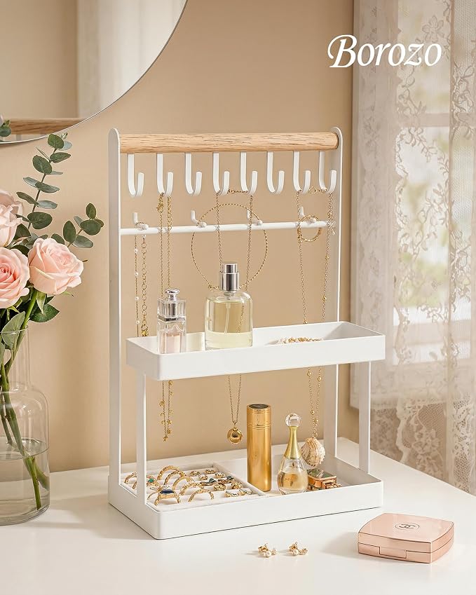 4-Tier Jewelry Organizer Stand with 12 Hooks & Velvet Ring Tray, Necklace Holder, Tangle-Free Jewelry Display for Bracelets Rings, Room Dorm Decor for Dresser Vanity, Gift for Teen Girls, White