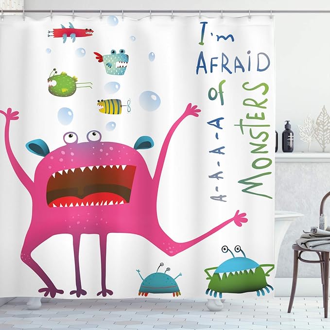 Ambesonne Funny Shower Curtain, Underwater Beast Creature Fun Monster Fish Im Afraid of Monsters Words, Cloth Fabric Bathroom Decor Set with Hooks, 69" W x 75" L, Green Pink