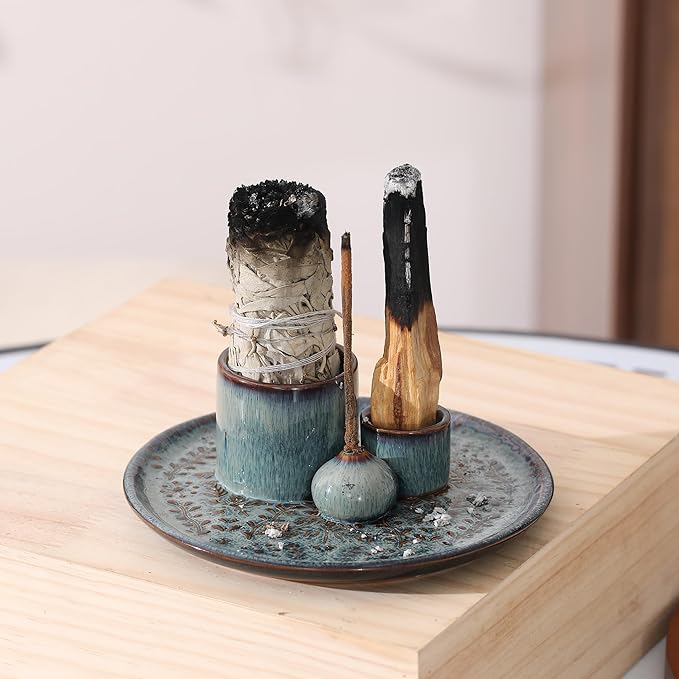 5 in 1 Incense Holder Burner, 5.9" Ceramic Holder for Burning Palo Santo Sage Candle and Incense Sticks Cones, Ash Catcher Tray for Meditation Room Home Décor (Bluegrey)
