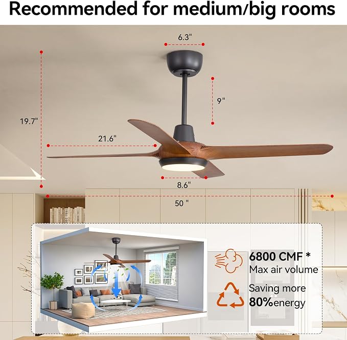 50 Inch Ceiling Fans with Lights,Ceiling Fan with Light and Remote Control Smart Ceiling Fan,Noiseless Reversible DC Motor,4 Blade Ceiling Fans 6-Speed 3 CCT,Ceiling Fan for Indoor/Outdoor