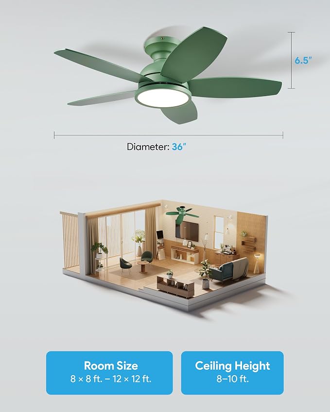 VONLUCE Ceiling Fans with Lights, 36 Inch Ceiling Fan and Remote, Full-spectrum LED Light, 3CCT, 6-Speeds Noiseless Reversible DC Motor, Modern Ceiling Fan for Bedroom Living Room Farmhouse, Green