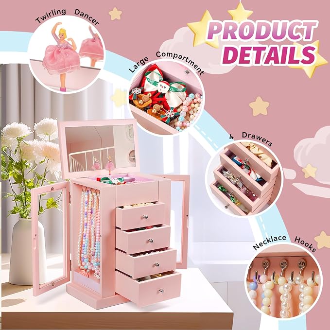 Emfogo Jewelry Box for Girls, Musical Jewelry Box with Spinning Dancer Gifts for Little Girls Christmas New Year Birthday Children's Day, 5 Layer Large Wooden Kids Music Jewelry Organizer Box(Pink)