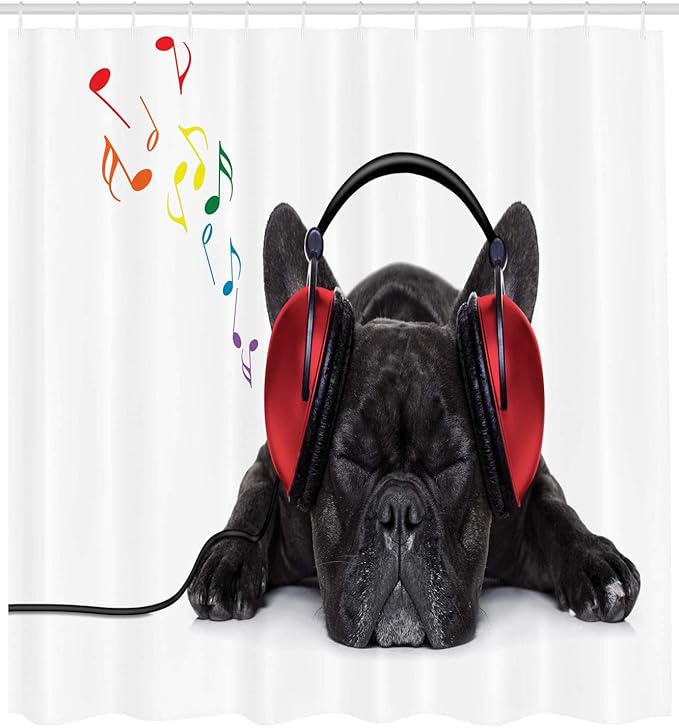 Ambesonne Dog Lover Shower Curtain, Bulldog Listening to Music Earphones While Relaxing Sleeping Print, Cloth Fabric Bathroom Decor Set with Hooks, 69" W x 70" L, Black White Red