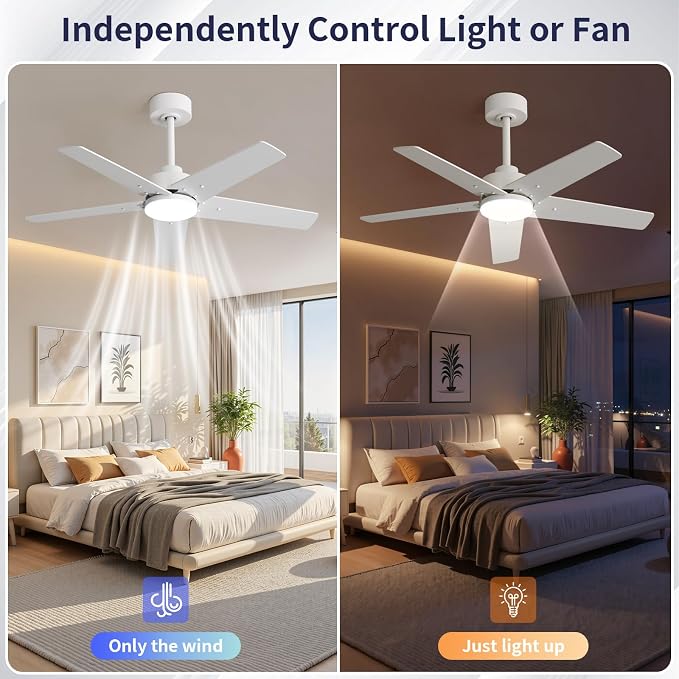 42 Inch Ceiling Fans with Lights and Remote for Bedroom Living Room Kitchen Home Office Indoor/Outdoor, 6CCT Dimmable, Dual Color 5 Blades, 6 Speed Reversible Quiet DC Motor, White/Wood Grain