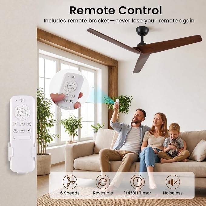 Skylike 52in Modern Wood Ceiling Fan No Light with Remote for Bedroom-Dark | Real Wood Blades, Quiet DC Motor,Reversible,Beep-Off Function,6 Speeds,3 Timers,6" downrod,Indoor and Outdoor