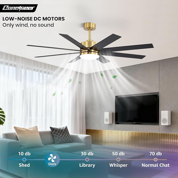 60 Inch Ceiling Fans with Lights and Remote, Dual Color 6 Blades, Bedroom Living Room Office Library Cafe Outdoor Industrial, 3CCT Dimmable, 6 Speed Reversible Quiet DC Motor, Gold/Wood Grain