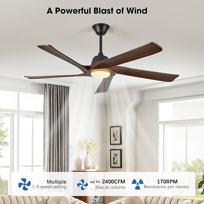 60“ DC Ceiling Fan with Light, Solid Wood Ceiling Fan with Remote and APP Control, 3-color Dimmable, 6-speed Reversible Fans for Bedroom, Living Room, Dark Walnut