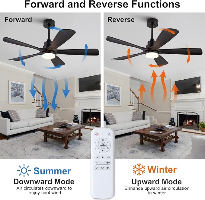 52 Inch Solid Wood Ceiling Fans with Lights, Black Ceiling Fan with Light, Modern Indoor Outdoor Ceiling Fan with Remote for Patio Living Room Bedroom