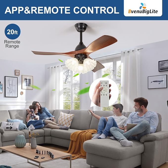 Ceiling Fans with Lights and Remote: 42-Inch Ceiling Fan 3 Blades Flower Low Profile Outdoor - Walnut Ceiling Fans with Remote Control Quiet Reversible DC Motor for Living Room