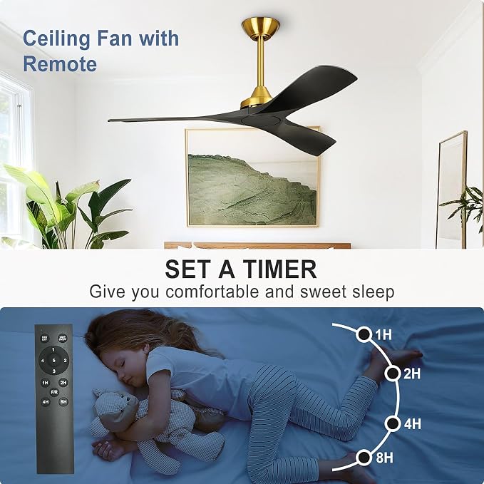 Modern Ceiling Fan with Remote: Black and Gold Ceiling Fans 3 Blades - 52 Inch Ceiling Fan No Light for Covered Outdoor Living Room Bedroom