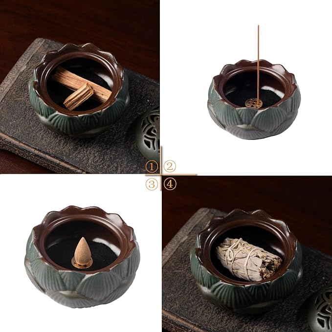 Incense Burner or Incense Cone Holder,Lotus Cone Incense Burner,Incense Cone Holder for Incense Cone and Coil Incense, Coil Incense Burner Set for Office Yoga and Home,Green