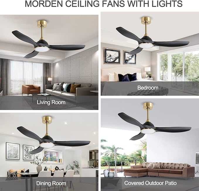 52 Inch High CFM Modern 3 Blade Black Gold Ceiling Fan with Lights Remote | Quiet DC Motor, 6 Speed, Indoor Living Room Bedroom Ceiling Fan