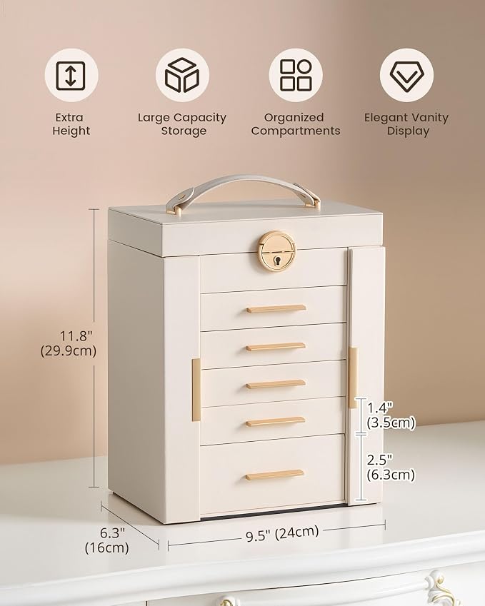 Lolalet Large Jewelry Box Organizer for Women, 6-Layer Jewelry Organizers and Storage Case with Mirror & 5 Drawers, Lockable Watch Ring Earring Bracelet Necklace Holder Girls Gift -6Layer, Beige