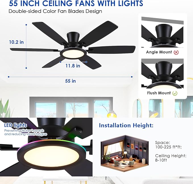 BYKISTOK 55in Black Flush Mount Ceiling Fan - RGB Low Profile Ceiling Fan Light with Remote-APP, Dimmable and 3CCT, Modern Fan with RGB Light for Indoor and Covered Outdoor