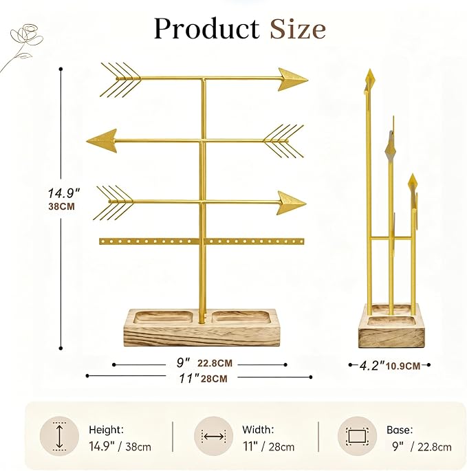 Urban Deco Arrow Jewelry Organizer Stand 4-Tier Gold Jewelry Stand Necklace Organizer With Wooden Ring Holder For Jewelry Display Bracelet Holder Stand Earring Organizer For Girls - Gold