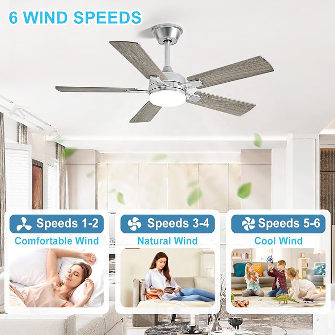 Depuley 42-inch Ceiling Fan with Light: Nickel Ceiling Fan for Living Room Indoor Outdoor - Modern Ceiling Fan with Remote Control 3CCT Dimmable Noiseless 5 Reversible Silver Blades 6 Speeds Timer