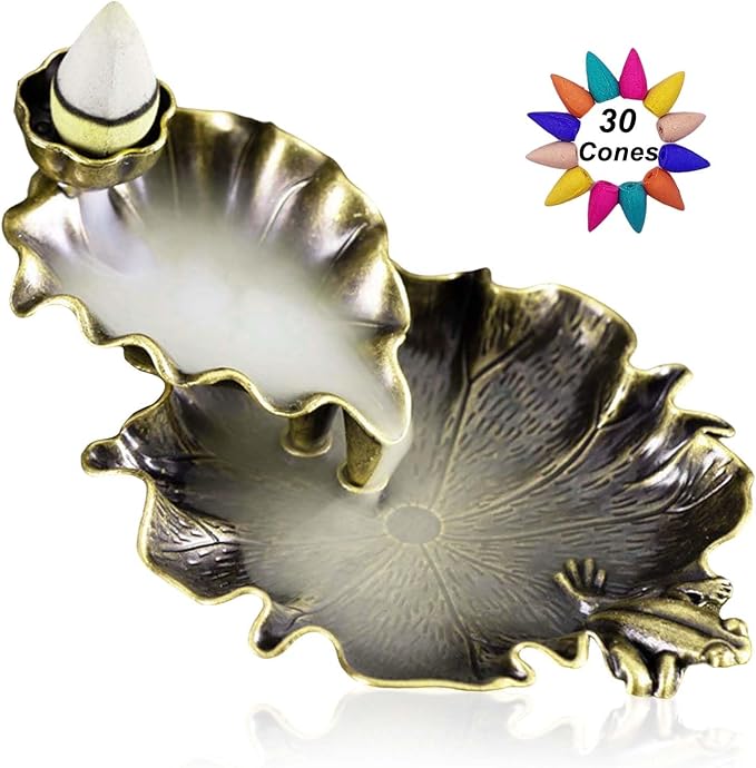 Backflow Incense Holder Bronze Waterfall Insense Burner with 30 Cones in Different Fragrances Lotus and Frog Design Copper Metal Zen Decor for Home Living Room Yoga Room