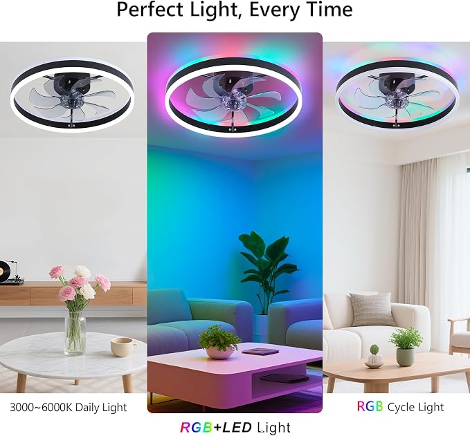 STERREN RGB Ceiling Fan with Light, 20'' Low Profile Ceiling Fans, Black Flush Mount LED Fan Light with Remote Control, Modern Bladeless Fandelier for Bedroom, Living Room, Kitchen