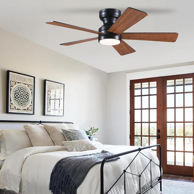 BYKISTOK Ceiling Fans with Lights Flush Mount - 46in Low Profile Ceiling Fan Remote Control with 5 Dual-Sided Blades, Reversible 6 Speeds, Dimming & 2H Timing, Indoor Fan Light for Bedroom, Kitchen