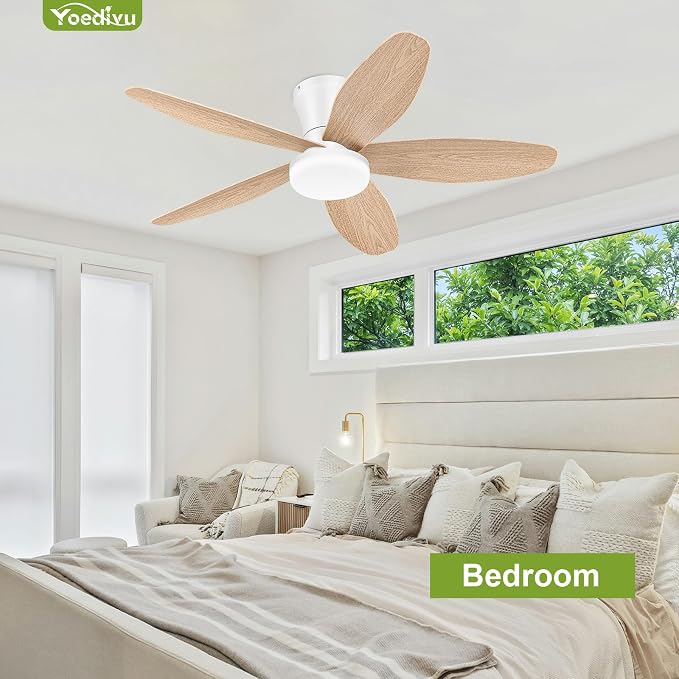 Ceiling Fans with Lights - 42 Inch White&Wood Flush Mount Ceiling Fan 6-Speed Wind, Quiet Reversible DC Motor, 3 Color Dimmable Lighting, Small Low Profile Ceiling Fans for Living Room/Bedroom