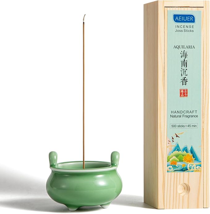 Ceramic Incense Holder,Celadon Green Porcelain Three Legs Two Ears Joss Sticks Incense Burner with 9 Incense Holes (Green)