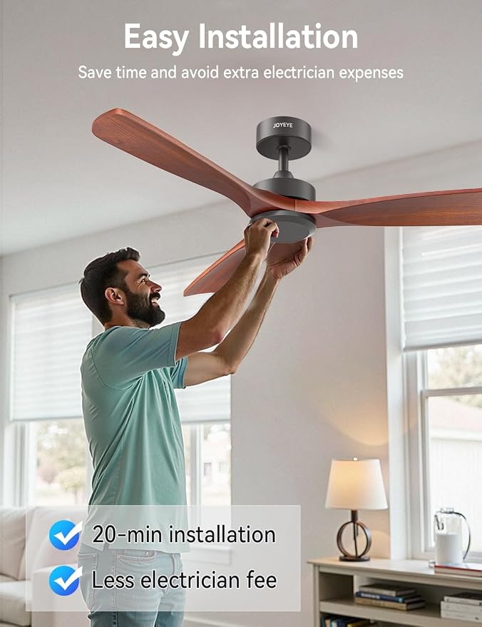 52 Inch Ceiling Fans with Remote no Light, Solid Wood 3 Blade Modern Ceiling Fan, Quiet DC Motor, 6 Speeds, Dimmable LED, Timer, Indoor & Covered Outdoor Living Room, Bedroom, Patio (Dark Wood)