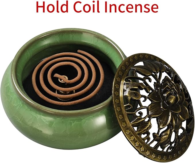 Miupoo Stick Incense Burner and Cone Incense Holder with Brass Incense Stick Holder Ceramic Ash Catcher (Light Green)