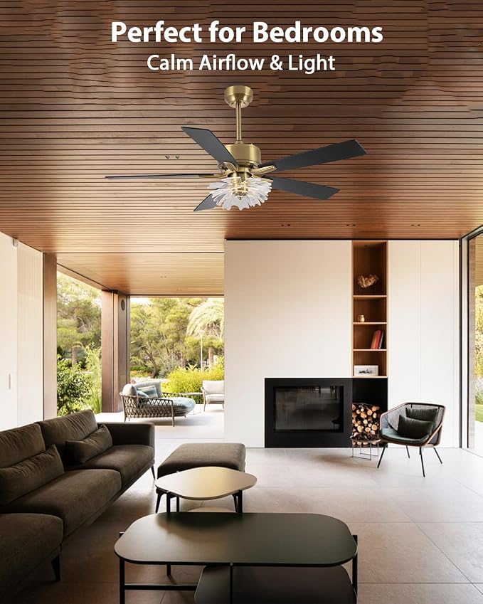 52 Inch Gold Ceiling Fans with Lights and Remote, Modern PS Petal Crystal Black and Gold Ceiling Fan for Bedroom Living Room Apartment 3CCT Dimmable Indoor Room Chandelier, 6 Speeds DC Motor