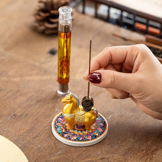 Horse Incense Burner-Resin Fortune Horse Incense Holder with Tray & Gift Box,Aromatherapy Decor for Yoga, Meditation,Home Office,Horse Lover Gift (Golden)