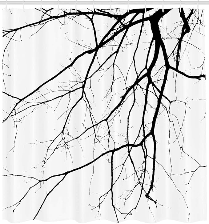 Ambesonne Black White Shower Curtain, Macro Leafless Winter Tree Branches Idyllic Twigs of Oak Nature Print, Cloth Fabric Bathroom Decor Set with Hooks, 69" W x 70" L, Black White