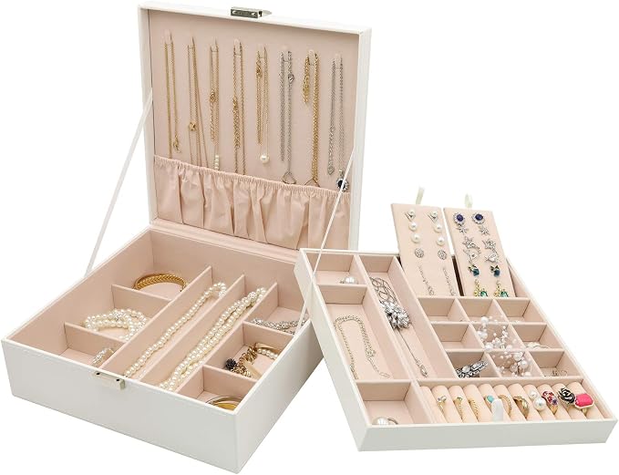 ProCase 2 Layers Jewelry Box for Women -White | Large Leather Jewelry Organizer Storage Case with Removable Pad for Earrings