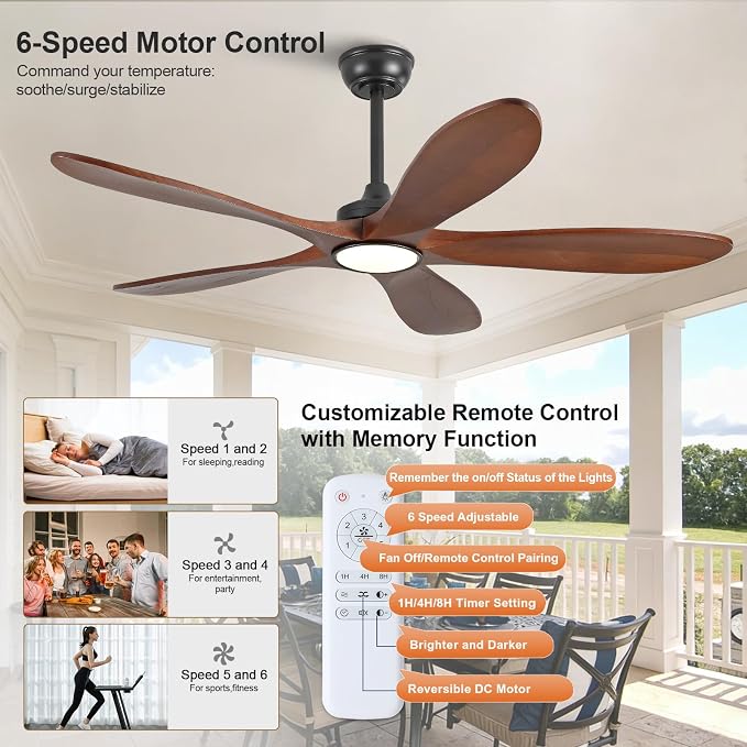 52 Inch Wood Ceiling Fans with Lights and Remote Control, Outdoor Modern Black Ceiling Fan with Light for Patio Office, 5 Blades, Dimmable LED Light, Reversible DC Motor, Memory Function