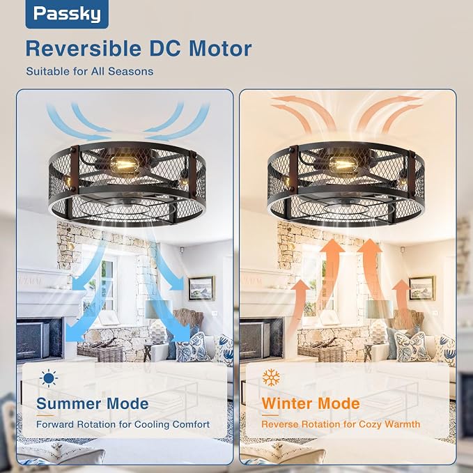 Passky 20" Farmhouse Flush Mount Ceiling Fans with Lights and Remote, Industrial Black Caged Low Profile Fandelier, 6 Speeds Bladeless Ceiling Fan for Bedroom, Kitchen, Living Room