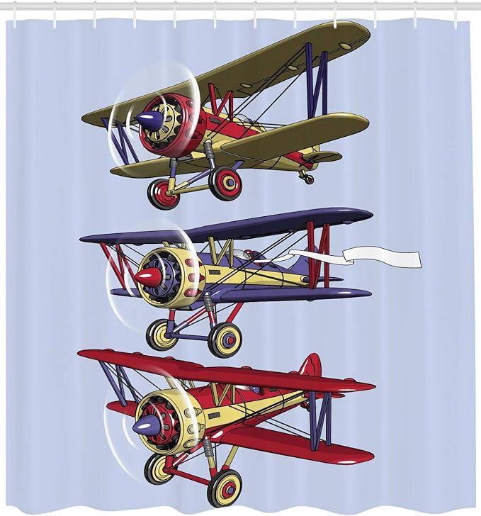 Ambesonne Airplane Shower Curtain, 3 Biplanes Flies on a Background of The Sky Ink Paint Old Fashioned Travel, Cloth Fabric Bathroom Decor Set with Hooks, 69" W x 70" L, Aqua