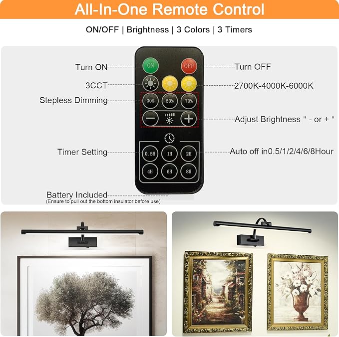 Tassuowell Picture Light Battery Operated with Remote, 3CCT Dimmable Picture Light for Paintings, Black Rechargeable 24 inch Battery Operated Wall Sconce for Art Lighting Gallery Portrait Artwork