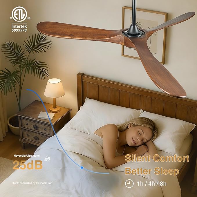 60 Inch Wood Ceiling Fan No Light, 60'' Indoor Outdoor Ceiling Fan without Lights with Remote,High CFM,6 Speeds,3-Blade Reversible ETL DC Motor Fan for Covered Patio Porch Bedroom Living Room, Walnut