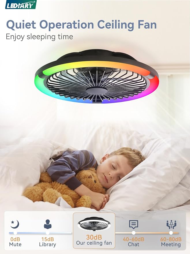 LEDIARY 20" Bladeless Ceiling Fan with Light,Low Profile LED Ceiling Fans with Remote & Smart APP Control, Modern Enclosed Flush Mount Fandelier, 3000-6000K,Bedroom,Kids Room-Black RGB