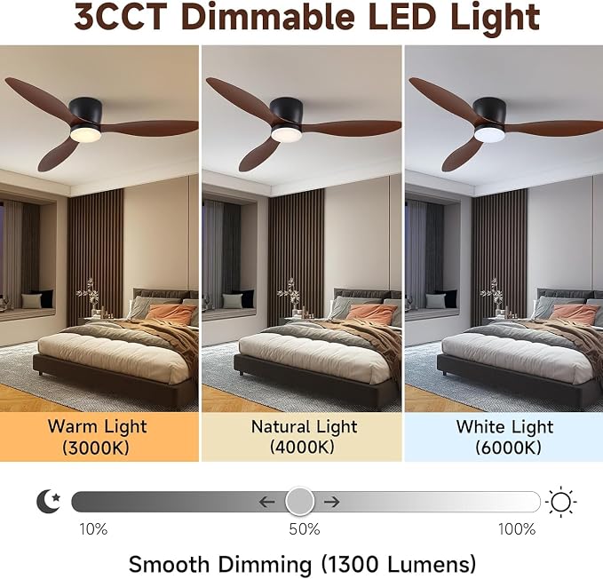 Low-Profile Ceiling Fan with Light - 42 Inch Flush Mount Modern Ceiling Fans with Remote Control/App, Dimmable 3CCT, 35W DC Motor, for Indoor Bedroom Living Room