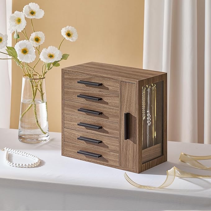 HOOBRO Jewelry Box for Women, Jewelry Organizer Box, 6-Tier Wooden Jewelry Box, Jewelry Case with Side Transparent Window, for Earring, Necklace, Bracelet, Walnut and Black BH12JB04