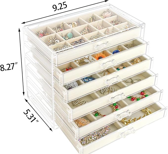 Watpot Acrylic Jewelry Box Organizer and Storage 6 Drawer for Earring Display Tray