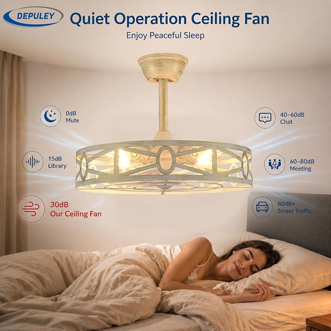 Depuley Caged Ceiling Fans with Light: 20-Inch Cement Enclosed Farmhouse Fandelier for Kitchen Bedroom - Industrial Semi Flush Mount Ceiling Fan with Remote 6 Speeds Reversible Motor Timer