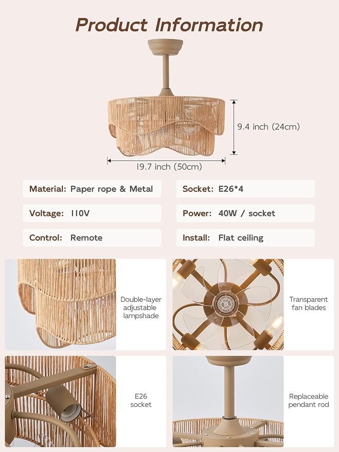 20" Gold Caged Fandelier Ceiling Fan with Light,Boho Ceiling Fans with Lights Remoete Control,6 Speed Timer For Bedroom，Living room，Nursery
