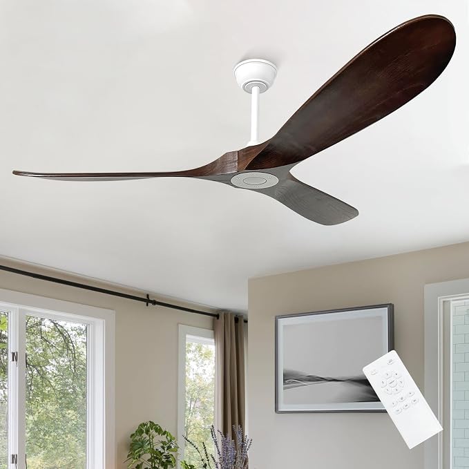 60 inch Ceiling Fan without Light,3 Solid Wood Blades Dark Walnut Finished,Outdoor Ceiling Fan for Living Room,Patio,Porch(White+Dark Walnut)